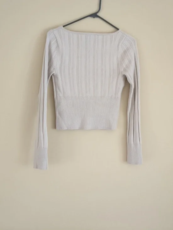 Small Pink Rose Ribbed Oatmeal Long Sleeve Cardigan - Picture 11 of 13